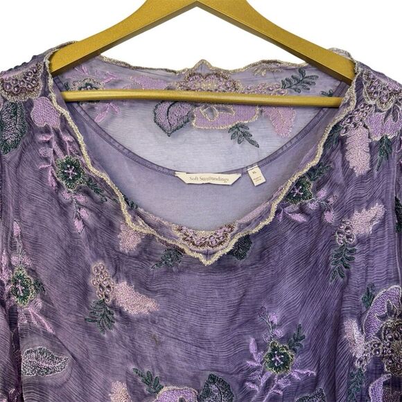Soft Surroundings Floral Embroidered Silk Tunic XL Purple Fairy Whimsical Boho - Picture 3 of 9